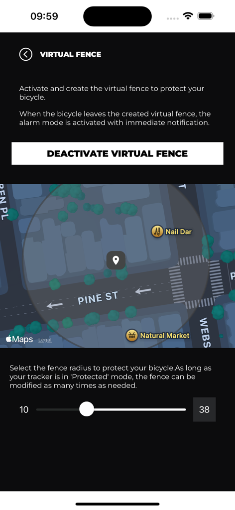 Detect-You - Interface of the Detect-You app showing a virtual fence setup on a map to protect a bicycle