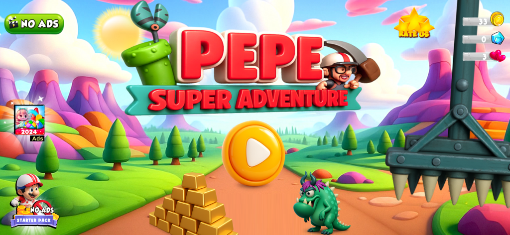 Super Adventure : Pepe - Super Adventure Pepe mobile game main menu with cartoon hero and gold treasures