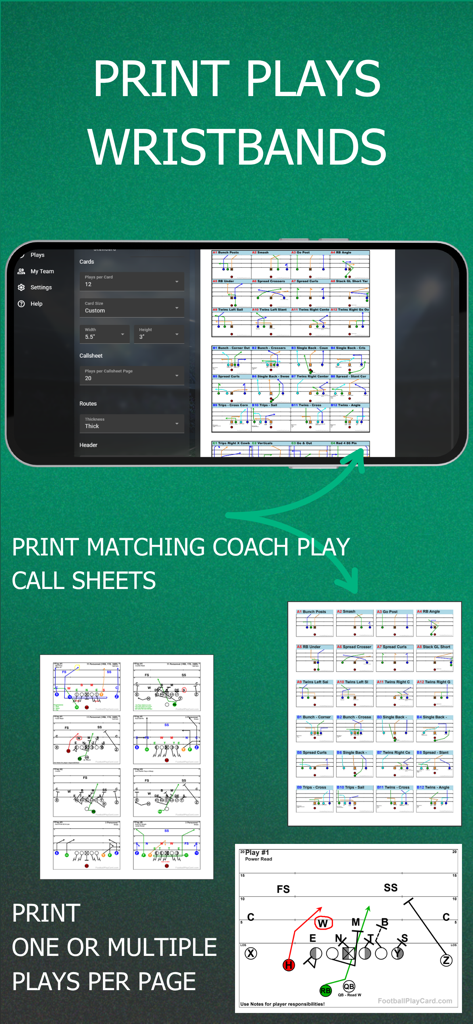 Football Play Card - Football Play Card app showing features to print plays, wristbands, and matching coach play call sheets.