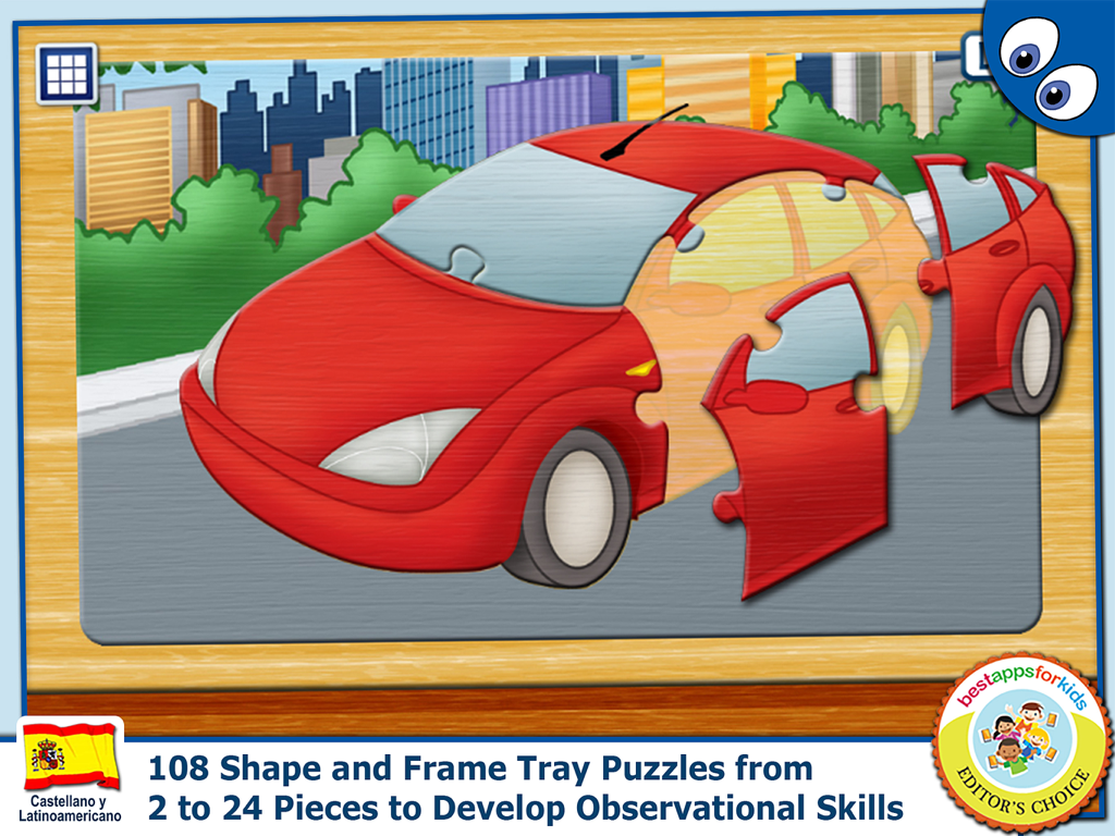 Red car puzzle screen in the Spanish Words and Puzzles Pro educational app