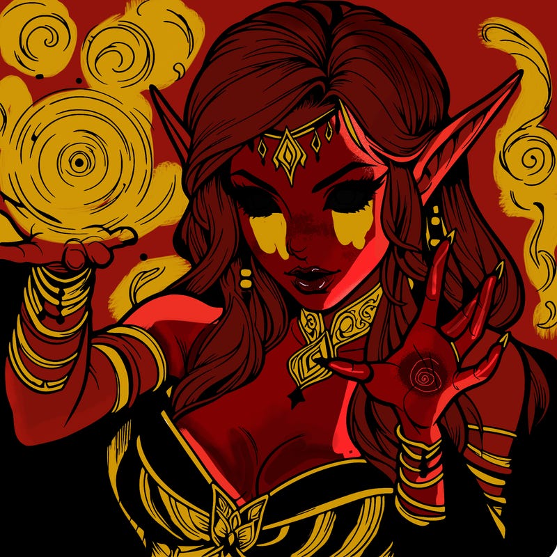 realistic scary beautiful elf sorceress casting spell