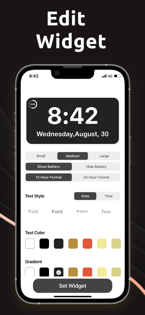 Shortcut Widgets: Custom Theme - Pantalla de la aplicación Shortcut Widgets mostrando opciones para personalizar el tamaño, la fuente y el color del widget del reloj en un iPhone
