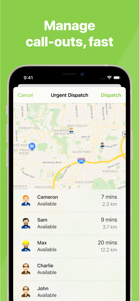 ServiceM8 - Field Service App - ServiceM8 app Urgent Dispatch screen showing a map with staff locations and travel times