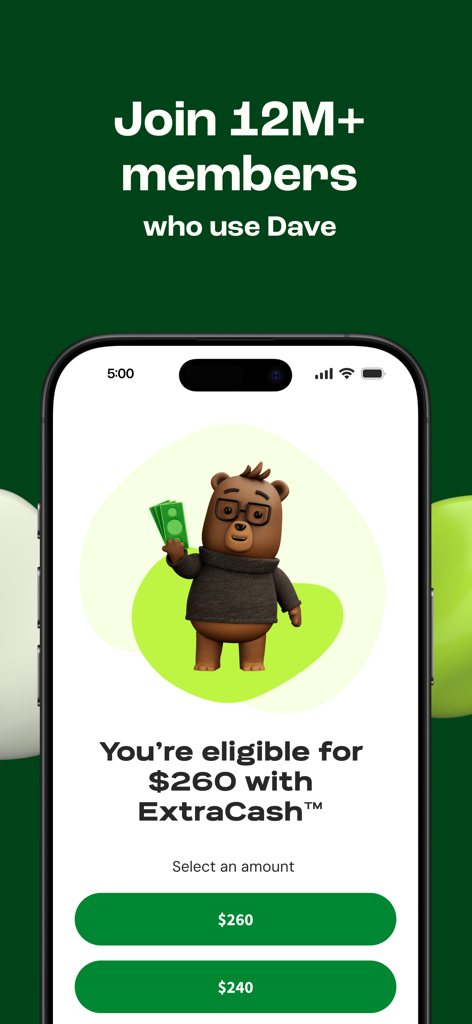Captura de pantalla de la aplicación Dave mostrando una mascota de oso y una notificación de elegibilidad para un adelanto de ExtraCash de 260 dólares.