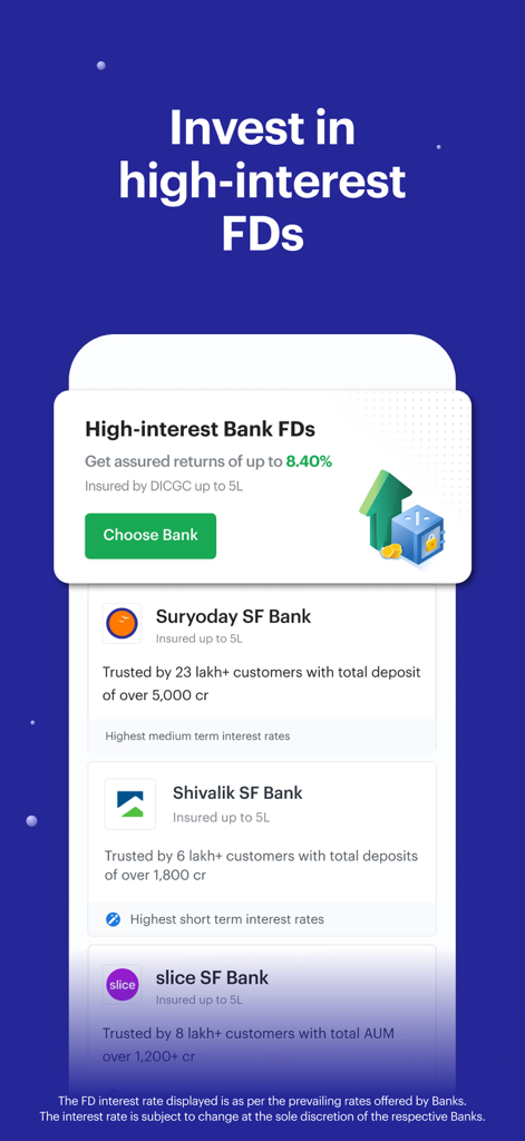 Smallcase app interface showing high interest fixed deposit options from various Indian banks