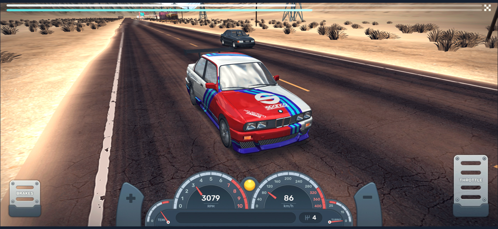 Drag Racing 3D: Streets 2 - Customized racing car on a desert track in Drag Racing 3D Streets 2 gameplay with a detailed dashboard UI