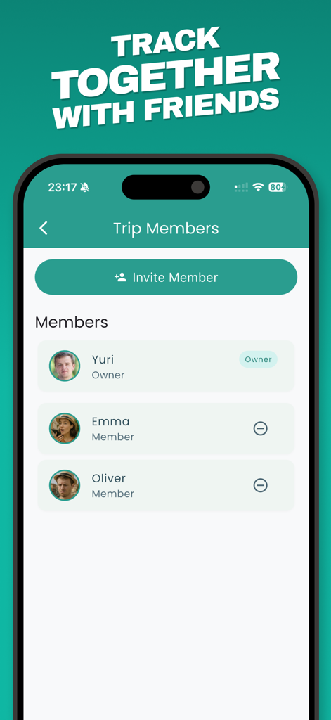 Interfaccia dell'app mobile Spentrip che mostra un elenco di membri del viaggio per il tracciamento condiviso delle spese di viaggio