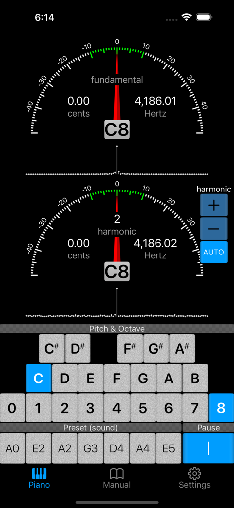 Piano Doctor - A Piano Tuner - Interface of Piano Doctor app showing fundamental and harmonic gauges for precise piano tuning.