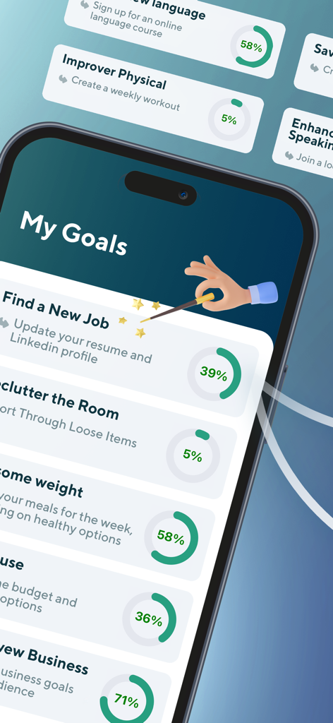 Interface de l'application Splitti montrant les objectifs personnels avec des barres de progression circulaires pour le suivi de l'accomplissement des tâches