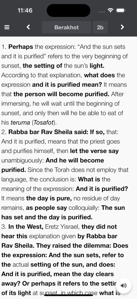 Talmud Now - Talmud Now App-Bildschirm, der eine englische Übersetzung von Berakhot zeigt