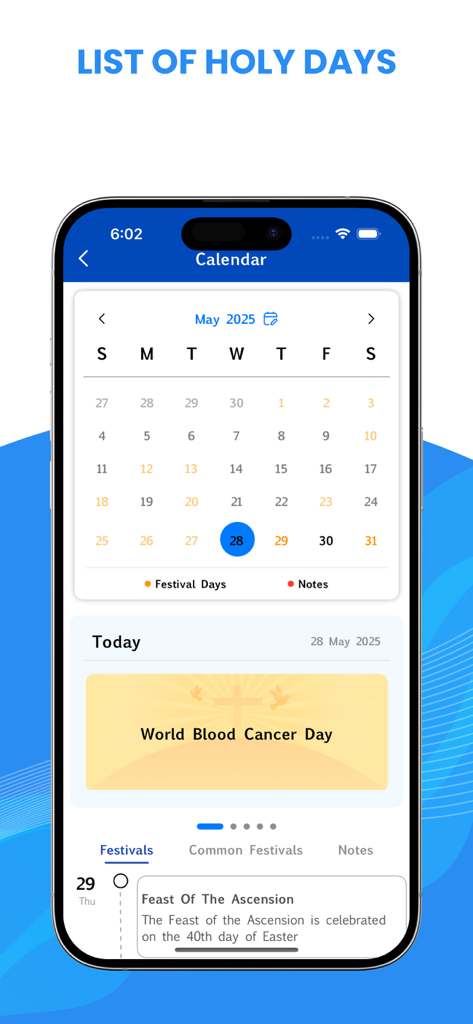 A smartphone display of the NLT Bible app calendar view highlighting festival days and religious holidays like the Feast of the Ascension.