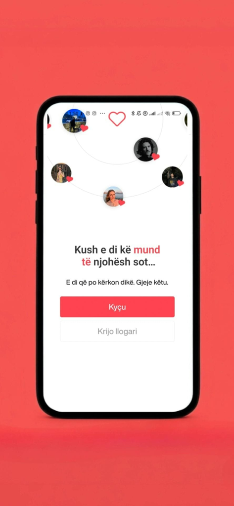 Welcome screen of the Dashuroj Albanian dating app showing user profiles and login options