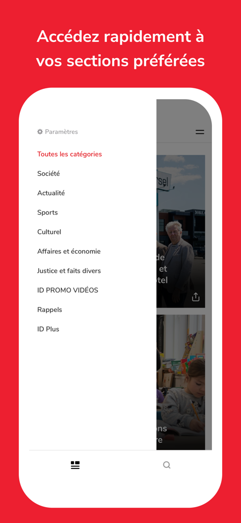 infodimanche - Menu do aplicativo móvel mostrando categorias de notícias para o aplicativo de notícias local infodimanche
