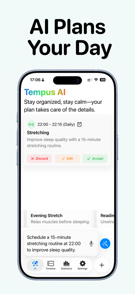 Tempus AI daily planner interface proposing a 15 minute stretching routine on a smartphone screen