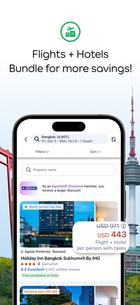 Agoda app interface showing a flight and hotel bundle deal for savings on a trip to Bangkok
