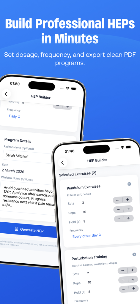 PhysioPocket: PT SOAP AI - Interface of the PhysioPocket app showing the Home Exercise Program builder with exercise parameters like sets and reps