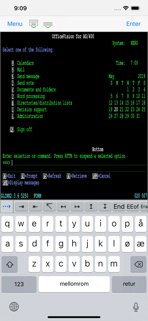 Glink 5250 - Emulador de terminal Glink 5250 exibindo um menu de escritório IBM iSeries AS400 em um iPhone com teclado virtual