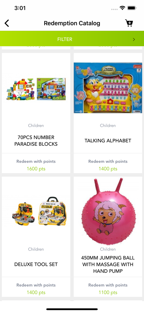 Panel Home - Redemption catalog in the Panel Home app showing children toys available for exchange with earned points