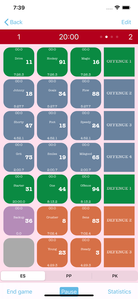 Hockey Time - Hockey Time app interface for tracking player ice time and line rotations
