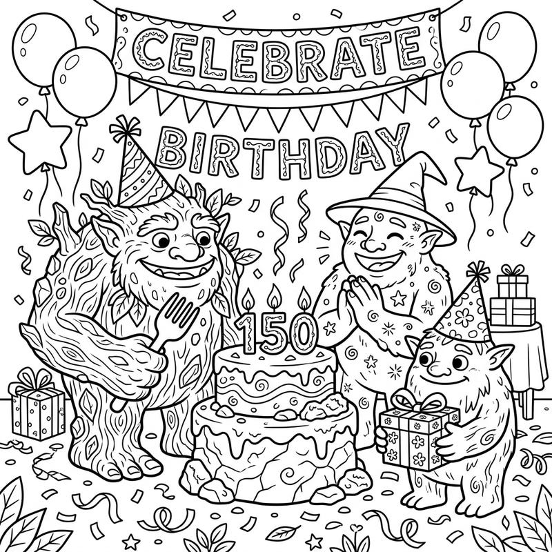 Dive into a fantastical birthday celebration with our unique Earth Trolls coloring page! Featuring festive decorations and adorable characters, it's perfect for a creative party activity.