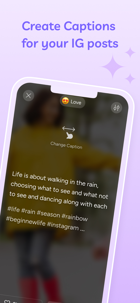 OpeninApp - Native App Opener - Interface de l'application mobile montrant une fonctionnalité pour créer des légendes et des hashtags pour les publications Instagram