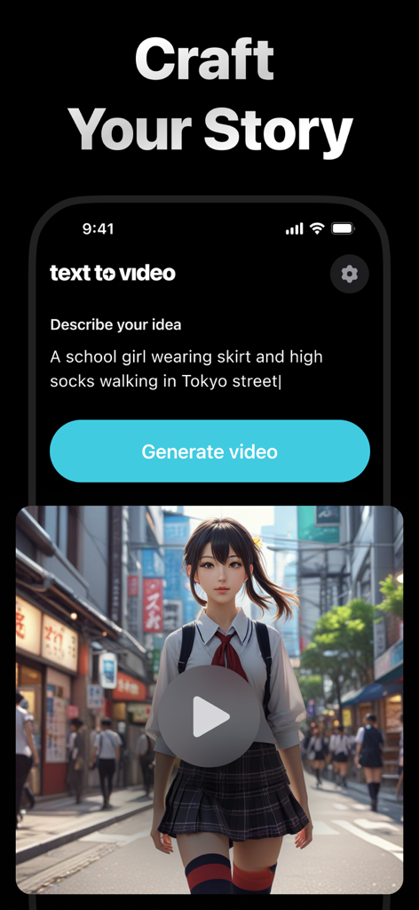 Interfaz de la aplicación móvil VidAI para generar vídeo de IA a partir de texto en estilo anime