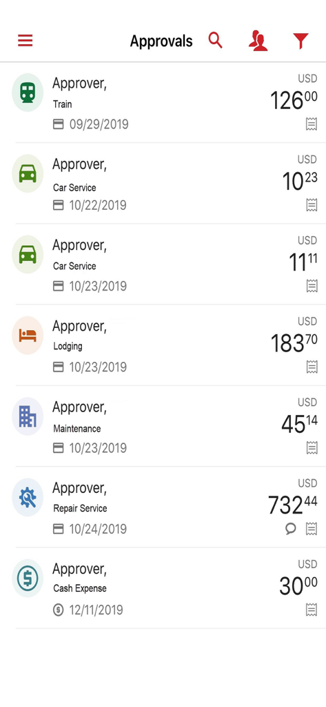 WellsOne Expense Manager - A list of pending business expense approvals in the WellsOne app showing categories like train travel lodging and car services with their respective costs