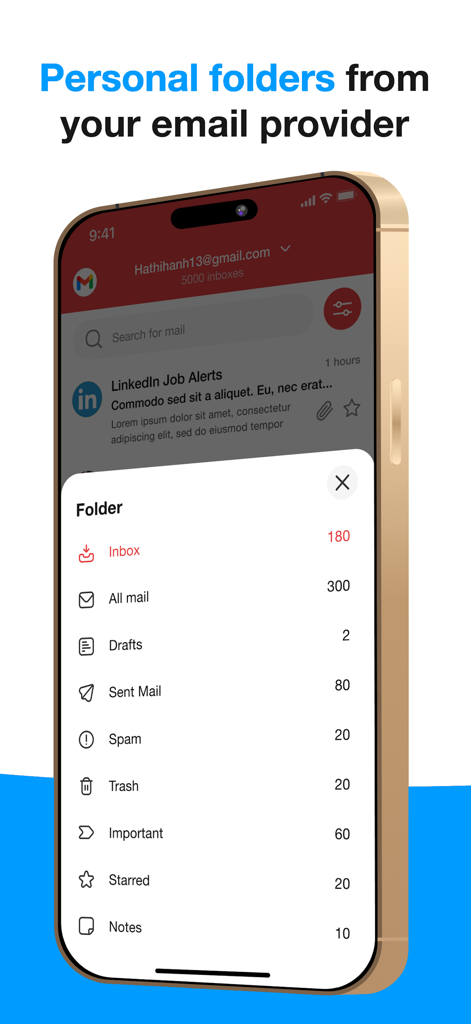 Lista de pastas de email pessoais como Caixa de Entrada e Itens Enviados em um aplicativo móvel