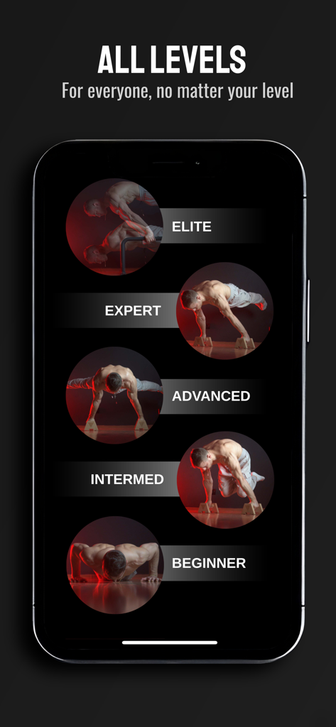 VIKTORY - Interface do aplicativo VIKTORY exibindo cinco níveis de treinamento diferentes, de iniciante a elite, com demonstrações de exercícios.