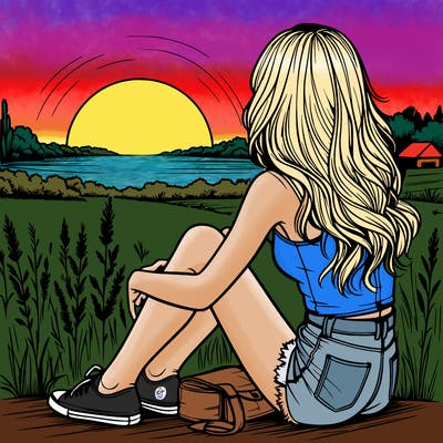 realistic girl sitting and watching the sunset