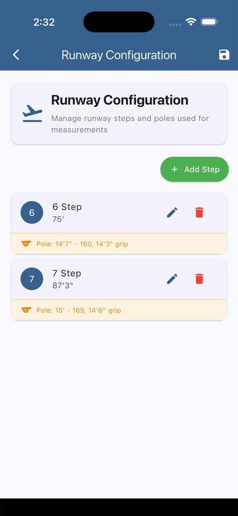Runway configuration screen in the BPVA Calendar app showing pole vault steps and measurements.
