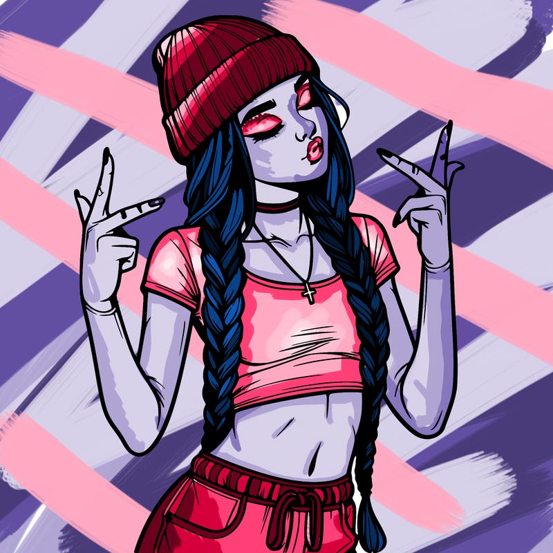 realistic teenage girl with braids and a beanie and crop top doing 🫶🏼