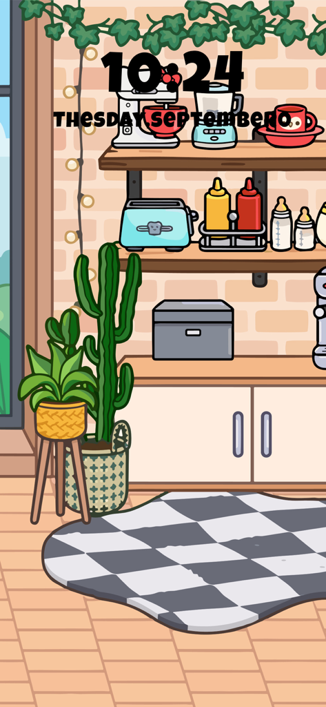 A cozy aesthetic kitchen corner in Toca Boca style with indoor plants and a checkered rug.