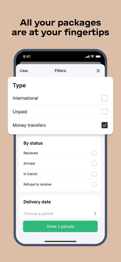 Nova Post - Nova Post app screen showing filters for international packages and money transfers.