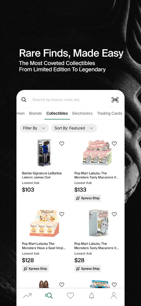StockX mobile app displaying rare collectibles and vinyl toys with current market prices