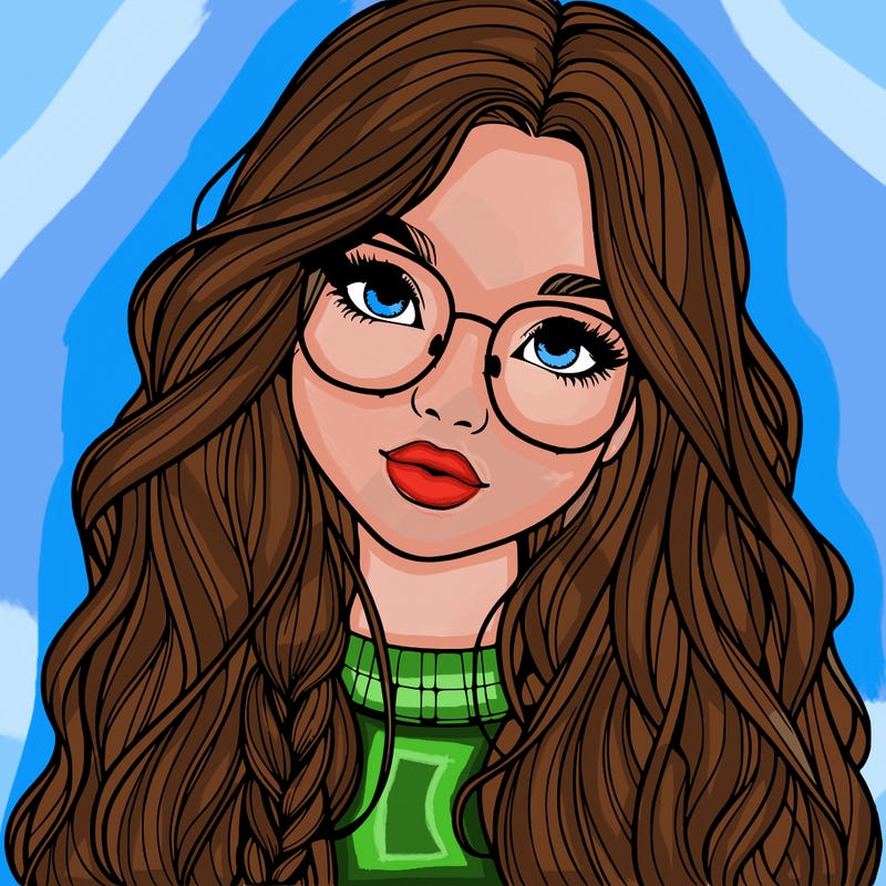 girl with long hair and freckles and glasses realistic