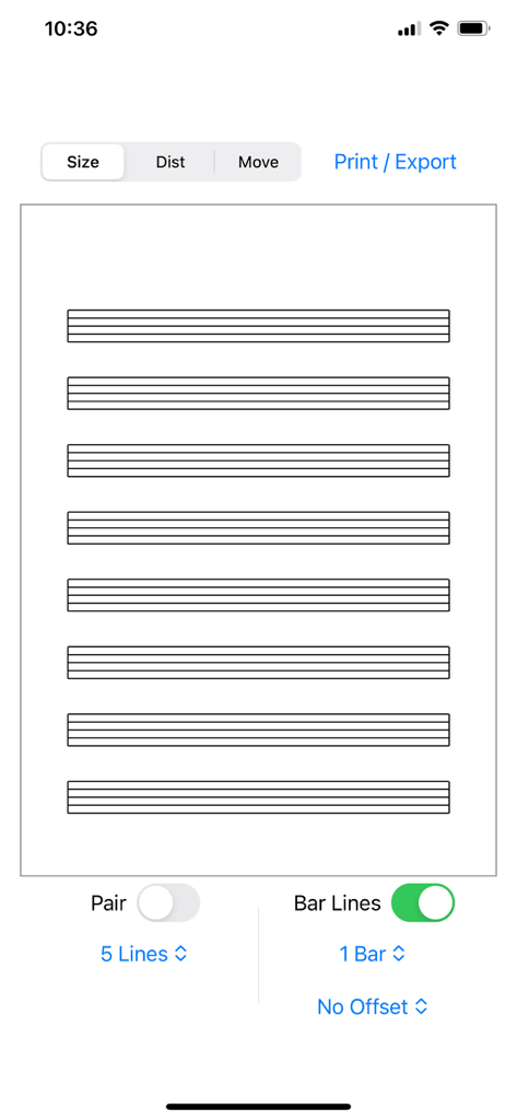 Staff Designer - Interfaz de la aplicación Staff Designer que muestra una partitura personalizable con ocho pentagramas vacíos y herramientas de diseño