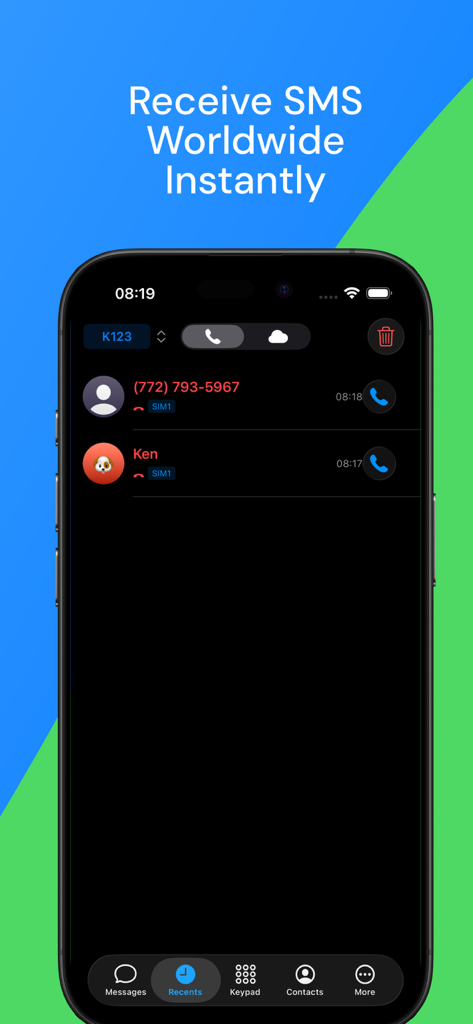 SIMPlus - SIMPlus mobile app interface showing worldwide SMS and call history