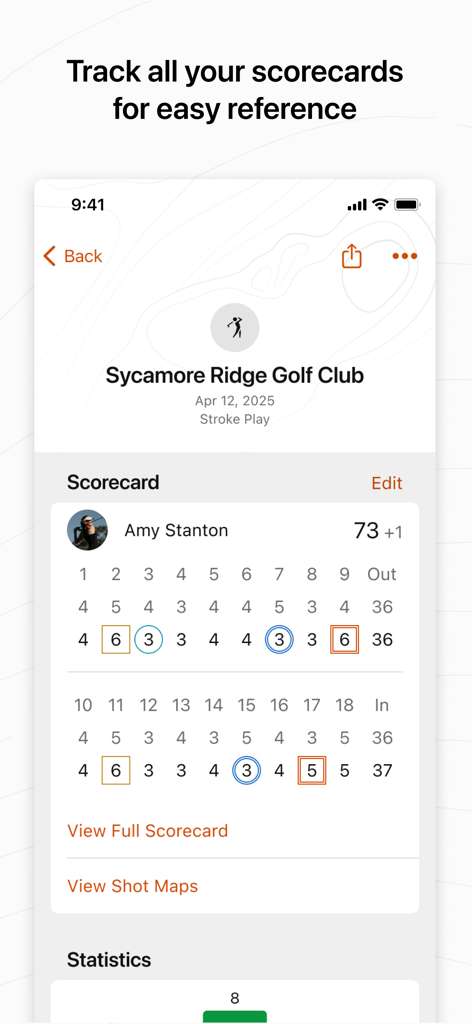 Garmin Golf mobile app interface displaying a detailed digital scorecard and performance statistics