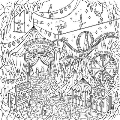 Discover an extraordinary world with our Magma Chamber Carnival coloring page, where the thrill of the circus meets the mystery of the underground. This intricate design invites you to bring a vibrant array of colors to its unique blend of volcanic landscapes and festive attractions.
