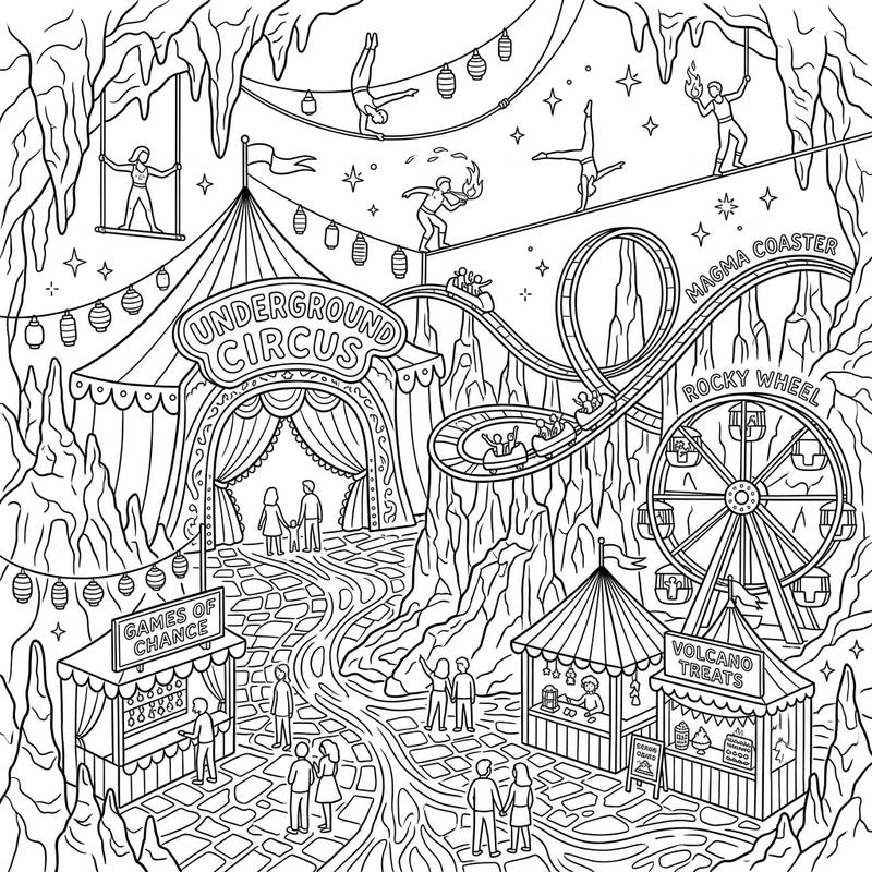 Discover an extraordinary world with our Magma Chamber Carnival coloring page, where the thrill of the circus meets the mystery of the underground. This intricate design invites you to bring a vibrant array of colors to its unique blend of volcanic landscapes and festive attractions.