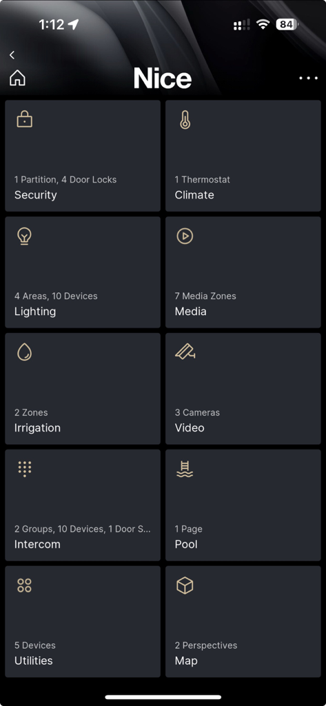 Nice Mobile Viewer - Dashboard view of the Nice Mobile Viewer app displaying home automation tiles for security lighting and climate