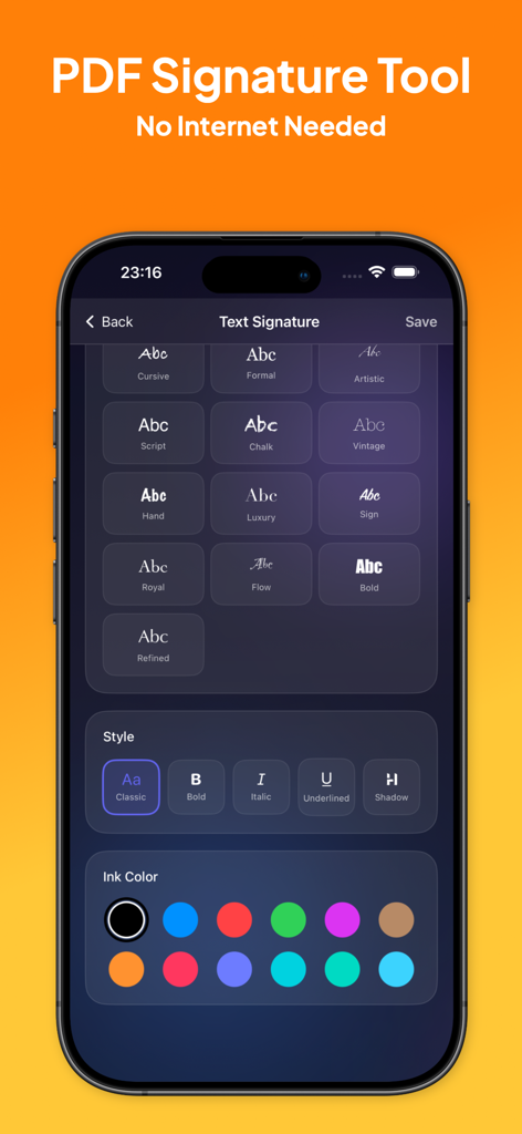 Signature Maker - eSign Create - iPhone screen displaying various font styles and ink color options for creating a text signature in the Signature Maker app.
