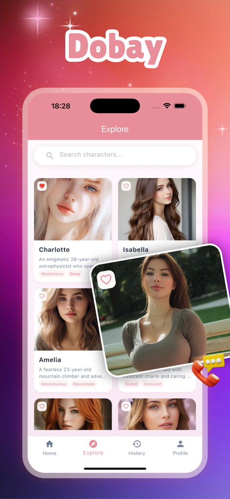 Explore screen of the Dobay app displaying various AI girlfriend profiles with unique personality tags
