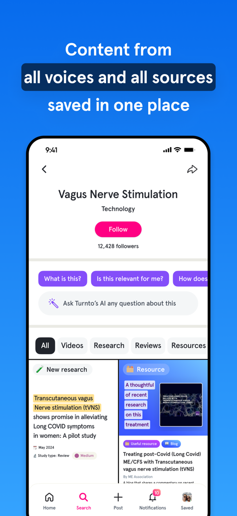 Turnto - Daily Breakthroughs - A mobile dashboard in the Turnto app displaying research and resources for health conditions.
