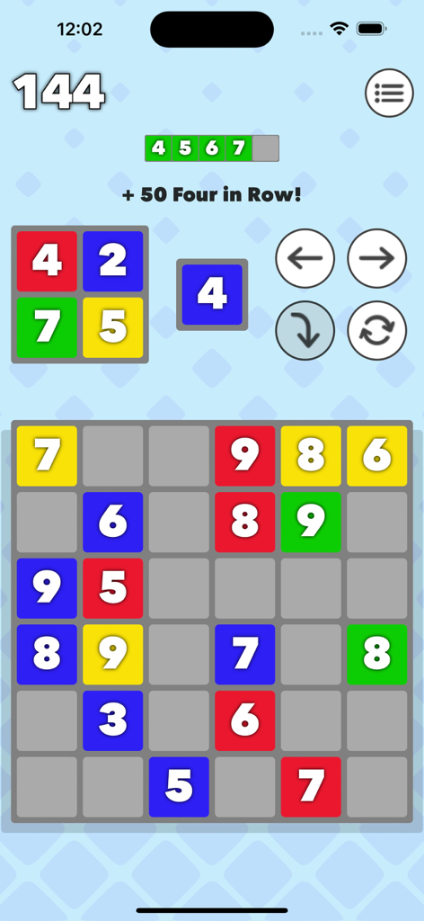 Gameplay screen of Margo 4 showing a grid of colored number tiles and a four in a row combination reward.