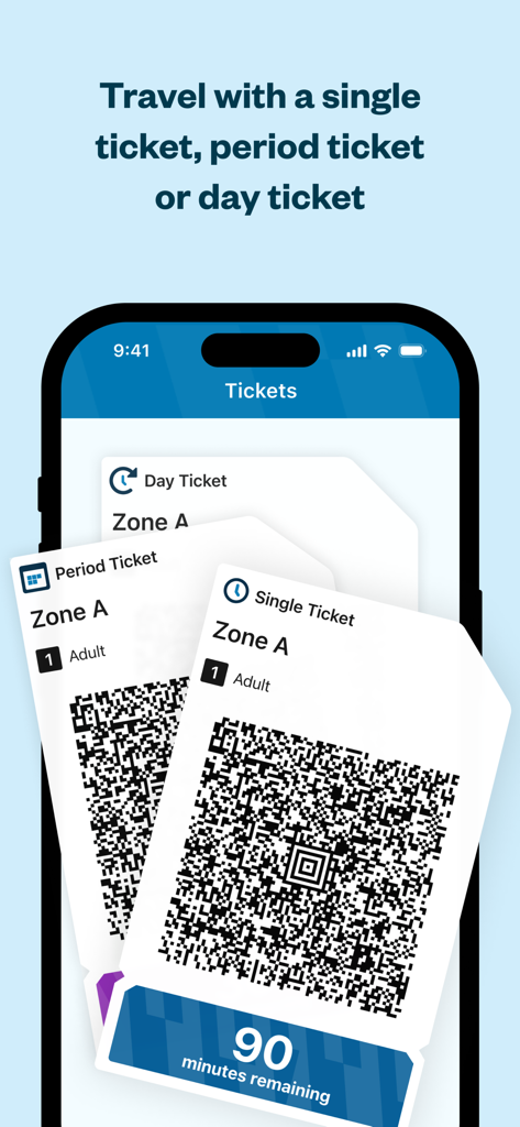 Schermata mobile che mostra biglietti singoli periodici e giornalieri digitali con codici QR nell'app Vasttrafik To Go