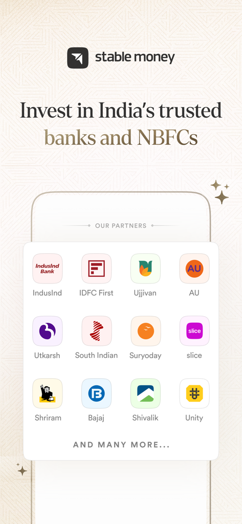 A list of partner Indian banks and NBFCs on the Stable Money app interface