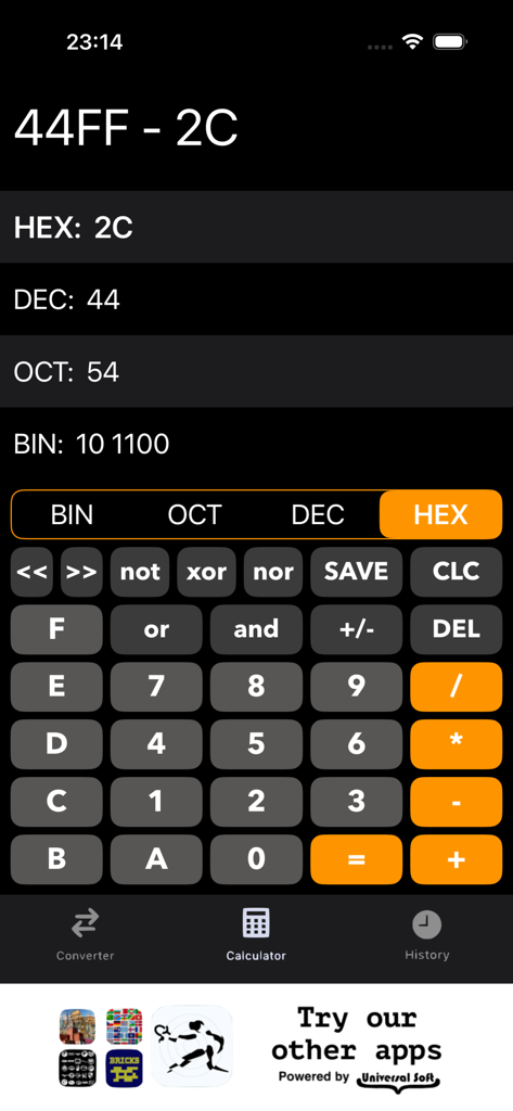 Programming Calculator app interface showing simultaneous hexadecimal decimal and binary conversions in dark mode