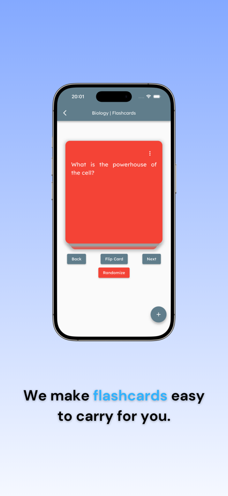 Mobile screen showing JomStudy biology flashcards with a question about the powerhouse of the cell